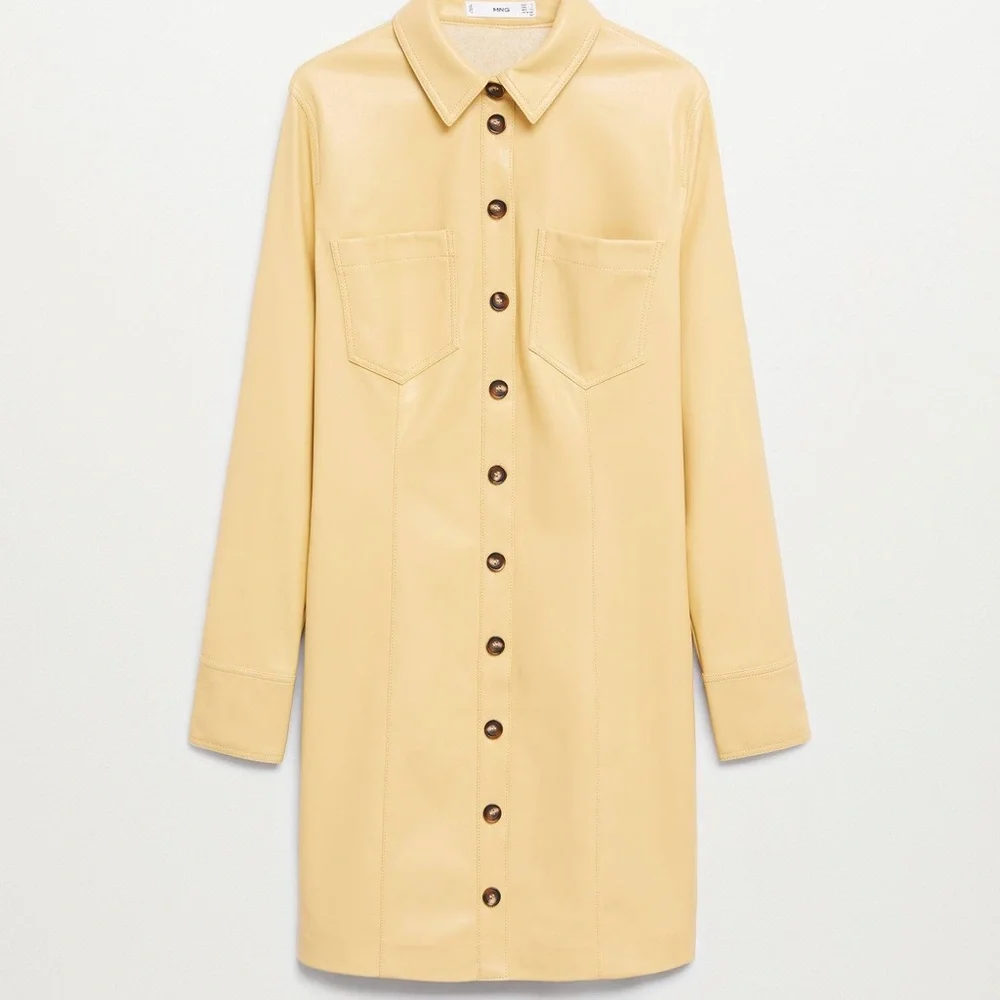 Mango Yellow Faux Leather Shirt Dress sz 2 - Picture 9 of 12